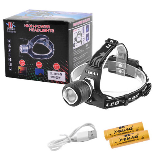 Ліхтар налобний 2199-T6, 2х18650, signal light, шипи, zoom, ЗУ Type-C, Box