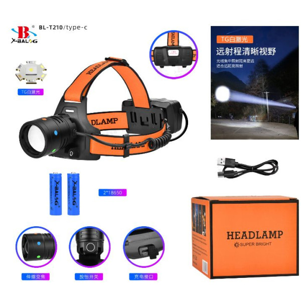 Фонарь налобный NIGHT VISION FLUORESCENCE BL-T210-TG, 2x18650, 1 режим, ЗУ Type-C, zoom