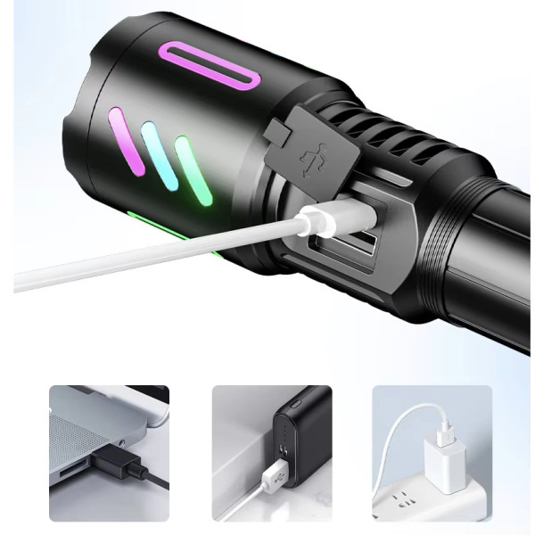 Фонарь NIGHT VISION FLUORESCENCE 1143-WHITE LASER LED PM10-TG, 1x26650, power bank, ЗУ Type-C, zoom