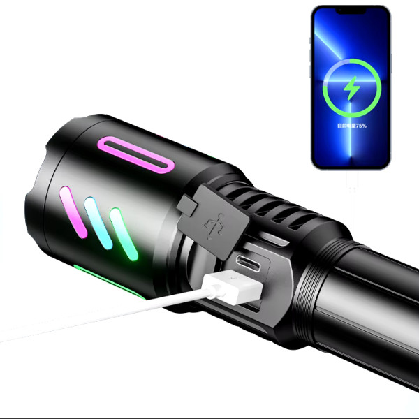 Фонарь NIGHT VISION FLUORESCENCE 1143-WHITE LASER LED PM10-TG, 1x26650, power bank, ЗУ Type-C, zoom