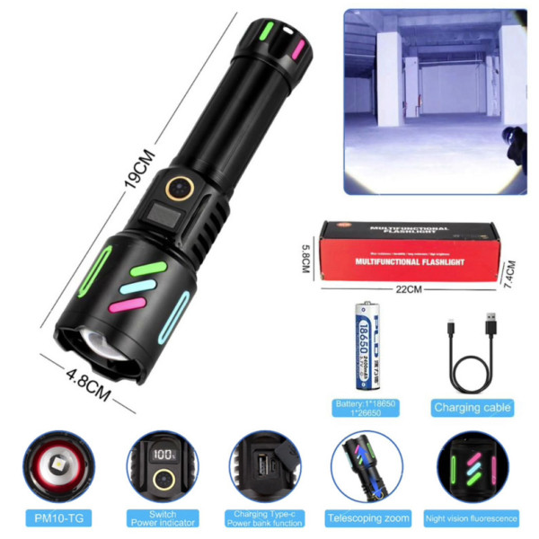 Фонарь NIGHT VISION FLUORESCENCE 1143-WHITE LASER LED PM10-TG, 1x26650, power bank, ЗУ Type-C, zoom