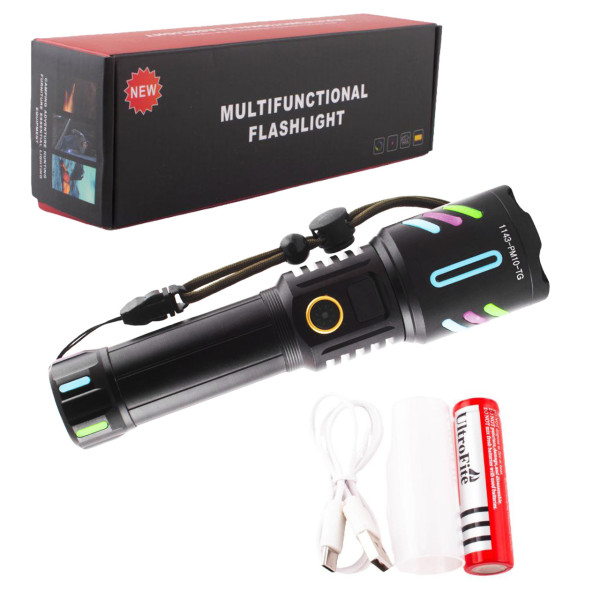 Фонарь NIGHT VISION FLUORESCENCE 1143-WHITE LASER LED PM10-TG, 1x26650, power bank, ЗУ Type-C, zoom