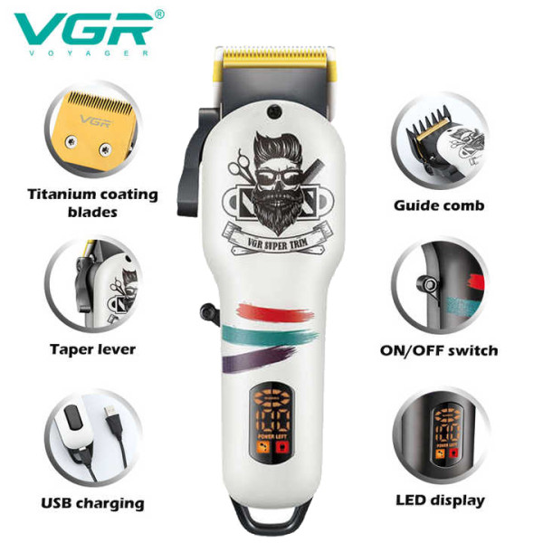 Машинка для стрижки акумуляторна 11 насадок EXTERNAL ROTOR MOTOR MIM лезо док-станція чорна VGR V-880C