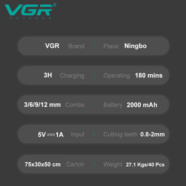 Машинка для стрижки акумуляторна 11 насадок EXTERNAL ROTOR MOTOR MIM лезо док-станція чорна VGR V-880C