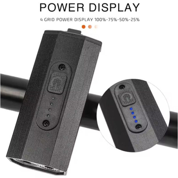 Велоліхтар алюмінієвий індикація заряду водонепроникний акумулятор ЗУ microUSB BK-08/01-Pro-2XPE