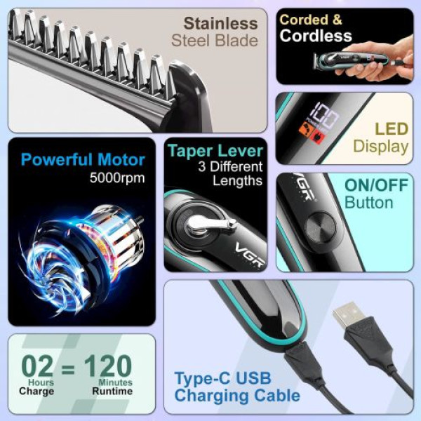 Тример акумуляторний з регулятором висоти 4 насадки LED дисплей VGR V-075