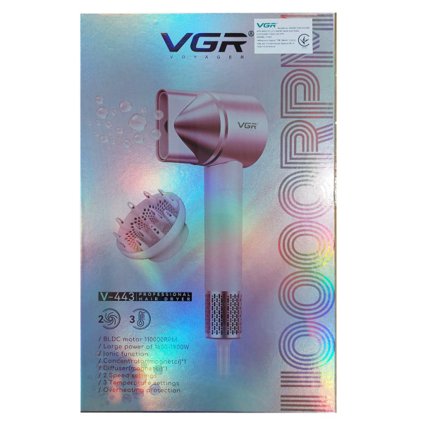 Фен профессиональный VGR V-443, 2 уровня обдува, 3 уровня температуры, 110000 RPM, 2 насадки