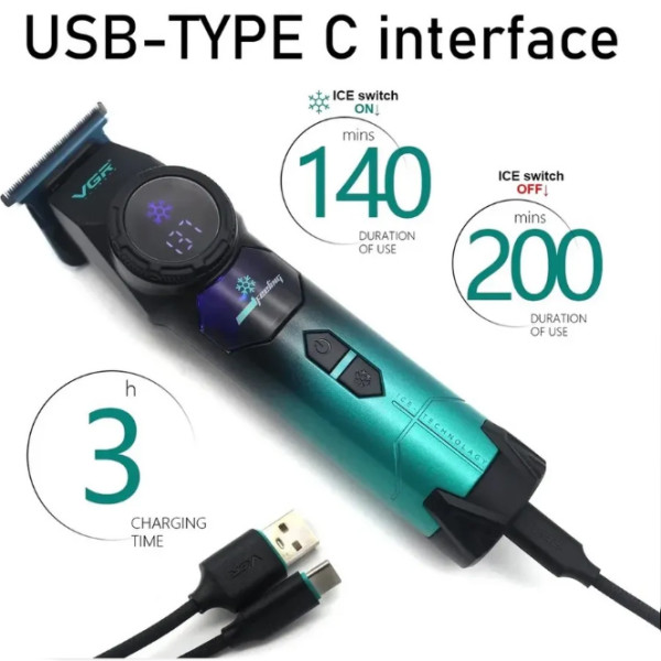 Тример акумуляторний 4 насадки 3000 mAh LED дисплей охолодження ICE TECHNOLOGY 8000 RPM VGR V-946