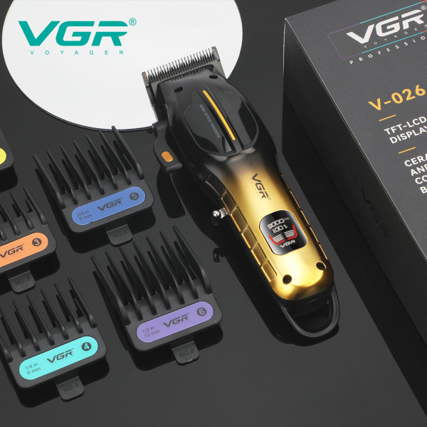 Машинка для стрижки акумуляторна 6 насадок 9000 RPM LED дисплей червона VGR V-026