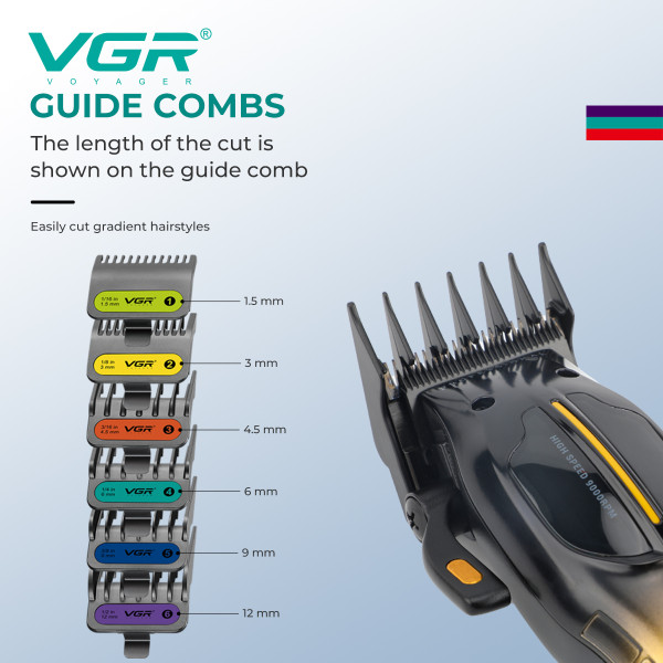 Машинка для стрижки акумуляторна 6 насадок 9000 RPM LED дисплей червона VGR V-026