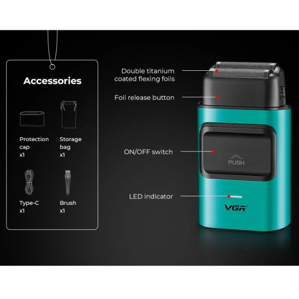 Електробритва шейвер подвійне лезо 2000 мАг 9000 RPM Green VGR V-307