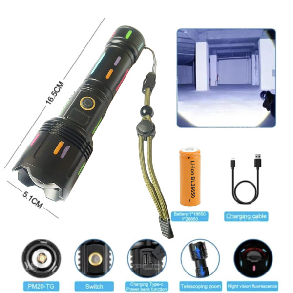 Ліхтар NIGHT VISION FLUORESCENCE G25 WHITE LASER LED PM30-TG, 1х26650/3xAAA, Power Bank, ЗУ Type-C, Zoom, Box
