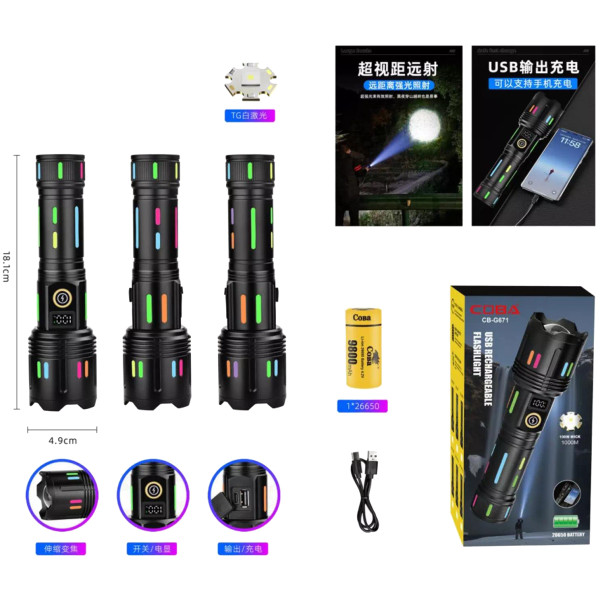 Ліхтар NIGHT VISION FLUORESCENCE G25 WHITE LASER LED PM30-TG, 1х26650/3xAAA, Power Bank, ЗУ Type-C, Zoom, Box
