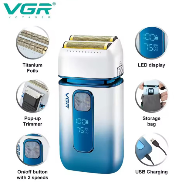 Електробритва шейвер подвійне лезо триммер IPX6 LED дисплей White VGR V-362