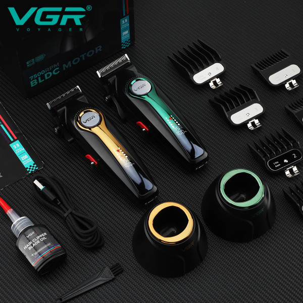 Машинка для стрижки акумуляторна 8 насадок 6500 RPM 2000 mAh LED дисплей синя VGR V-013