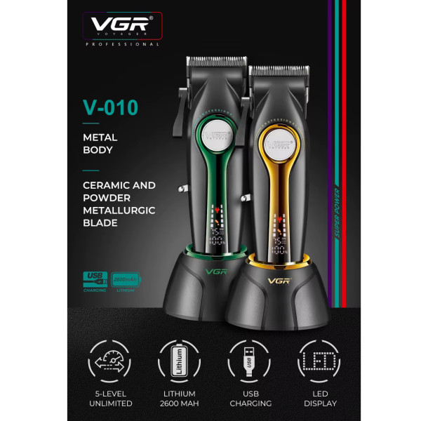 Машинка для стрижки акумуляторна 8 насадок 6500 RPM 2000 mAh LED дисплей синя VGR V-013