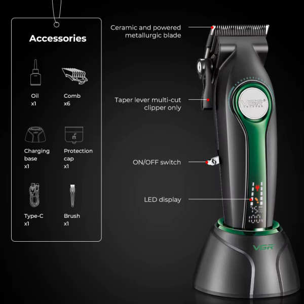 Машинка для стрижки акумуляторна 8 насадок 6500 RPM 2000 mAh LED дисплей синя VGR V-013