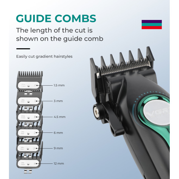 Машинка для стрижки акумуляторна 8 насадок 6500 RPM 2000 mAh LED дисплей синя VGR V-013
