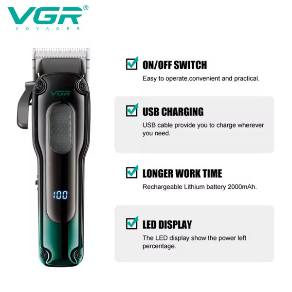 Аккумуляторная машинка для стрижки (clipper) VGR V-013 GREEN, 8 насадок, 6500 RPM, 2000 mAh, LED display