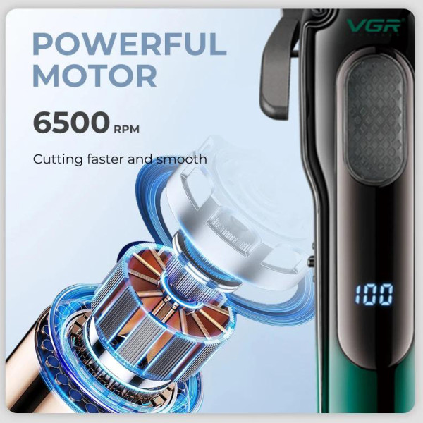 Аккумуляторная машинка для стрижки (clipper) VGR V-013 GREEN, 8 насадок, 6500 RPM, 2000 mAh, LED display