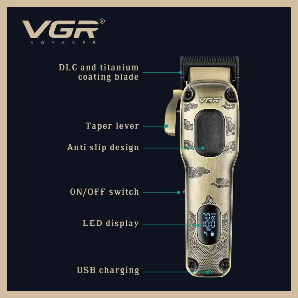 Машинка для стрижки акумуляторна 8 насадок LED дисплей VGR V-036