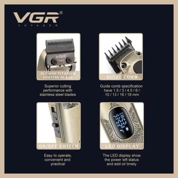 Машинка для стрижки акумуляторна 8 насадок LED дисплей VGR V-036