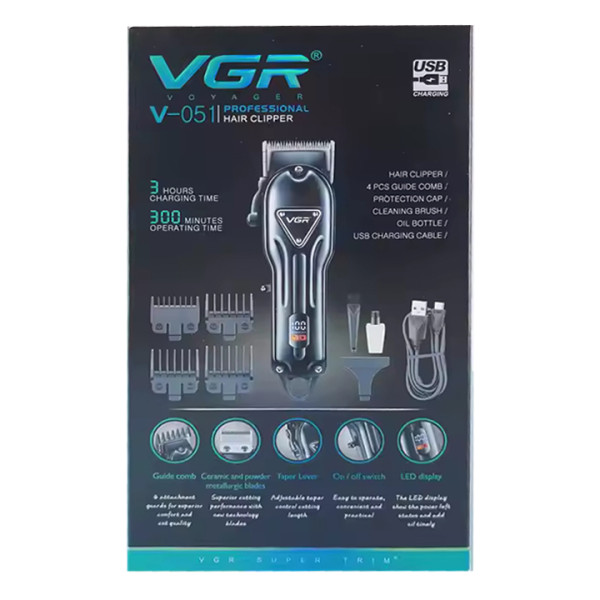 Машинка для стрижки акумуляторна 4 насадки 7000 RPM 2500 mAh LED дисплей чорна VGR V-138