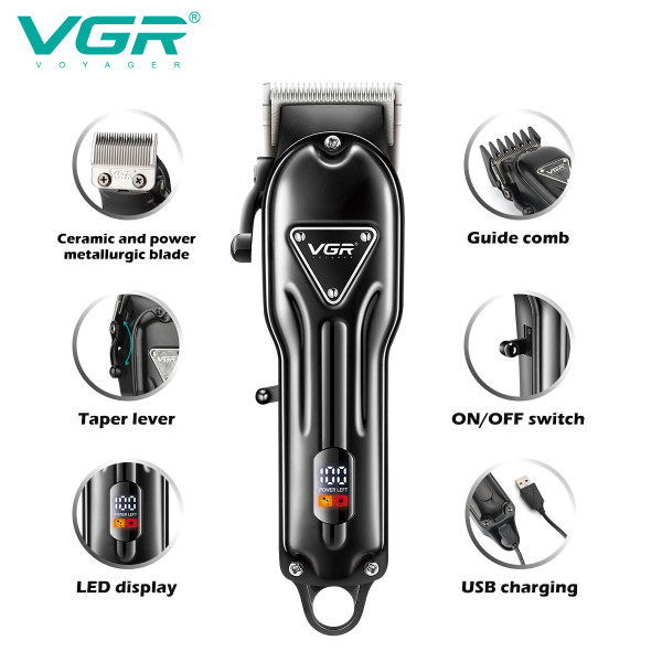 Машинка для стрижки акумуляторна 4 насадки 7000 RPM 2500 mAh LED дисплей чорна VGR V-138