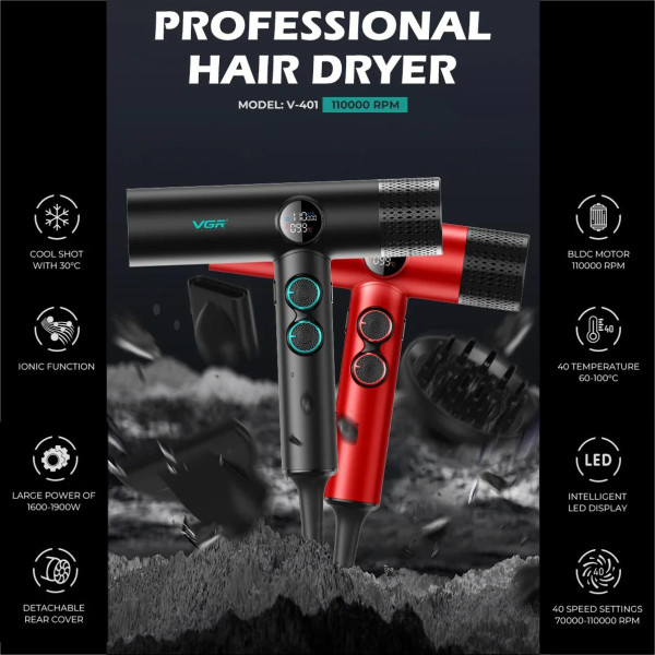 Фен професійний червоний 3 насадки 40 рівнів обдування 40 рівнів температури 7000-11000 RPM VGR V-401