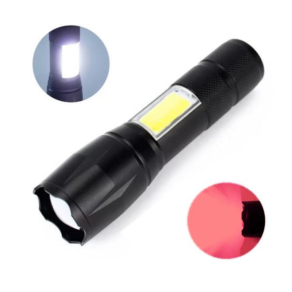 Фонарь C609-T6(red)+COB(white), Li-Ion аккум., ЗУ microUSB, zoom, Box