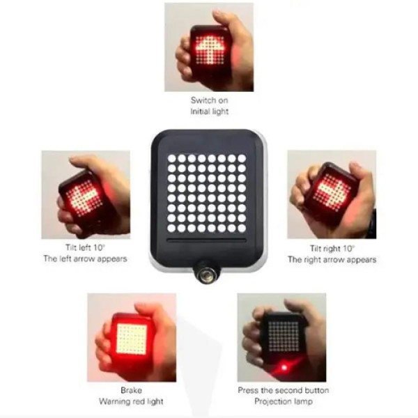 Велоліхтар з автоматичним покажчиком поворотів червоний жовтий лазер водонепроникний ЗУ microUSB Li-Ion акумулятор AQY-0100