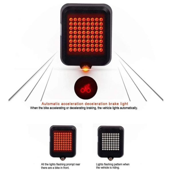 Велоліхтар з автоматичним покажчиком поворотів червоний жовтий лазер водонепроникний ЗУ microUSB Li-Ion акумулятор AQY-0100