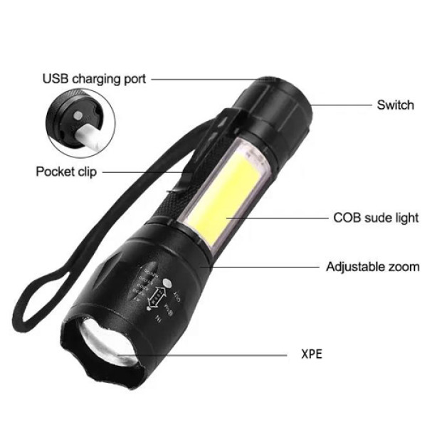 Ліхтар W601-XPE(red)+COB(white), Li-Ion акумулятор, ЗУ microUSB, zoom, Box