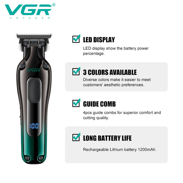 Тример акумуляторний 4 насадки LED дисплей зелений VGR V-998