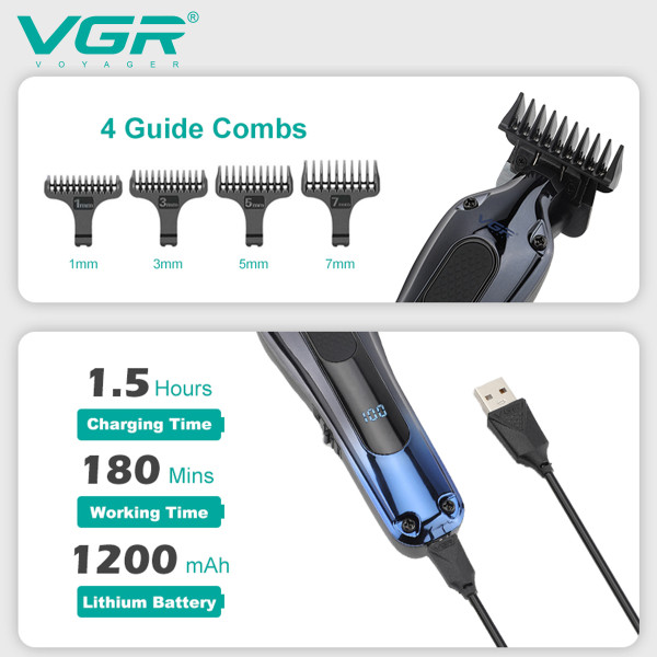 Тример акумуляторний 4 насадки LED дисплей зелений VGR V-998