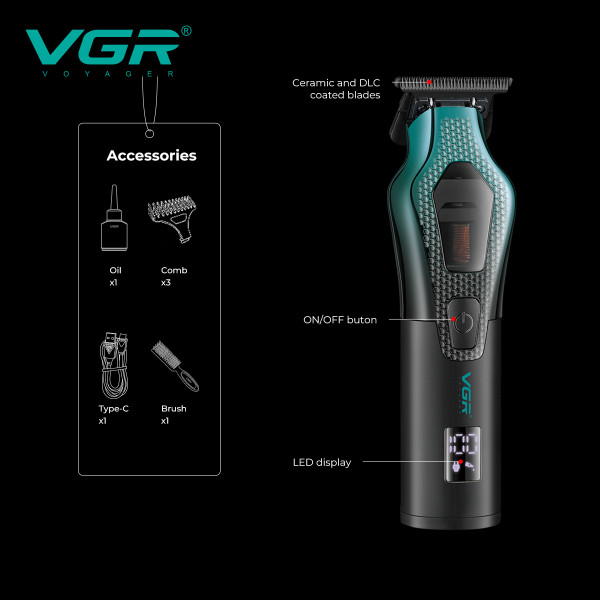 Тример акумуляторний 3 насадки LED дисплей VECTOR MOTOR 8000-11000 RPM VGR V-997