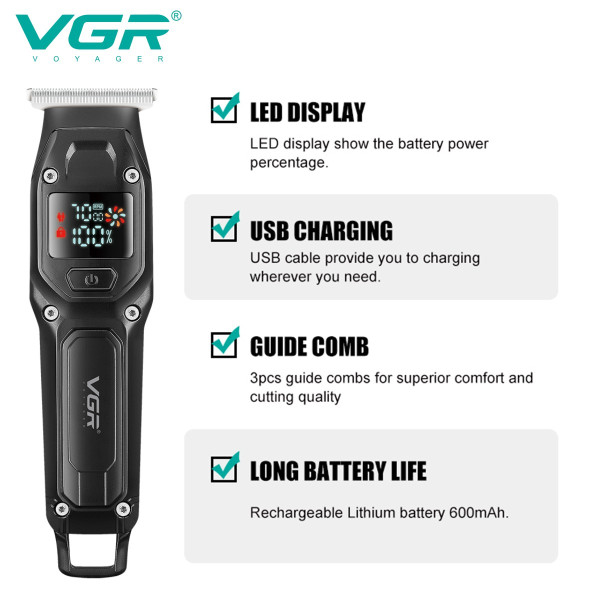 Триммер VGR V-964 BLACK, 7000 RPM, 4 насадки, LED display