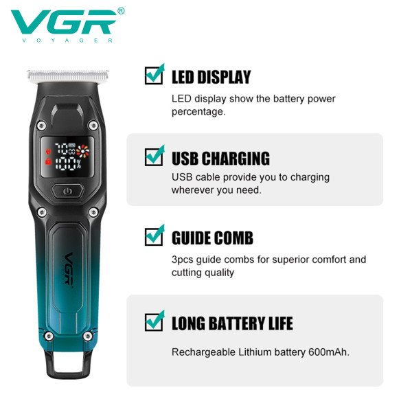 Триммер VGR V-964 GREEN, 7000 RPM, 4 насадки, LED display