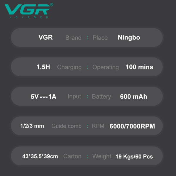 Триммер VGR V-964 GREEN, 7000 RPM, 4 насадки, LED display