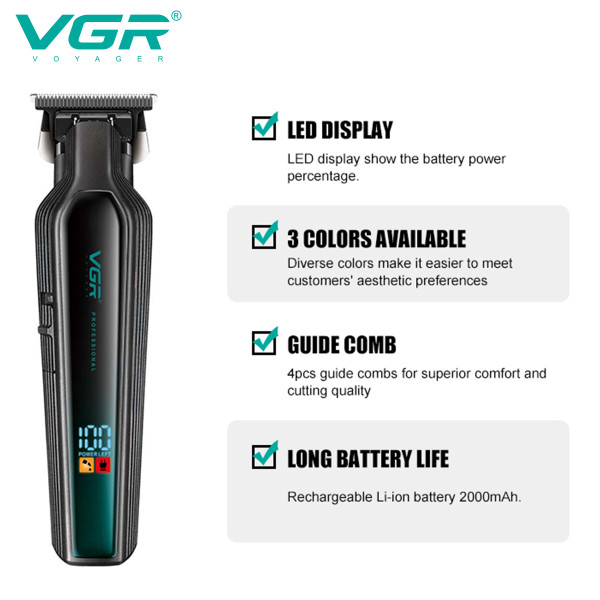 Триммер VGR V-930 GREEN, 4 насадки, LED display