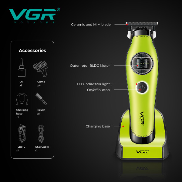 Тример акумуляторний 4 насадки док-станція MIM лезо зелений VGR V-880T