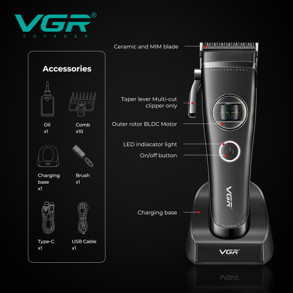 Машинка для стрижки акумуляторна 11 насадок EXTERNAL ROTOR MOTOR MIM лезо док-станція біла VGR V-880C