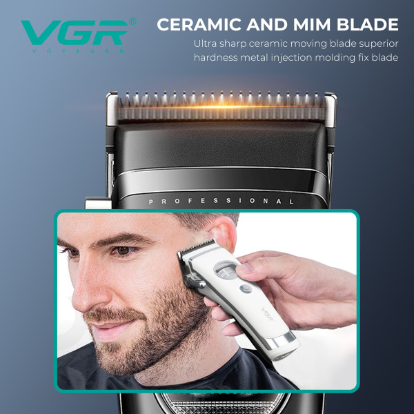 Машинка для стрижки акумуляторна 11 насадок EXTERNAL ROTOR MOTOR MIM лезо док-станція біла VGR V-880C