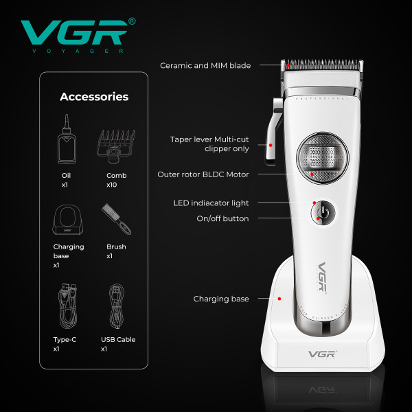 Машинка для стрижки акумуляторна 9000 RPM LED дисплей золотиста VGR V-886C