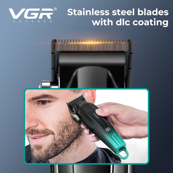 Машинка для стрижки акумуляторна 6 насадок 7000 RPM LED дисплей зелена VGR V-662