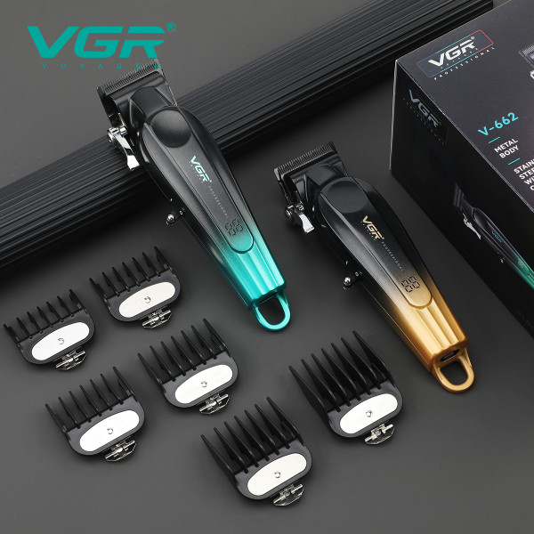 Машинка для стрижки акумуляторна 6 насадок 7000 RPM LED дисплей зелена VGR V-662