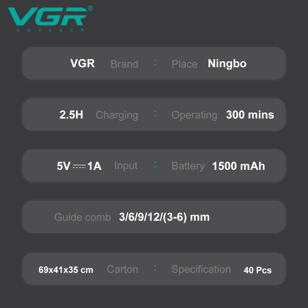 Набір для стриження VGR 5 в 1 V-111, 9 насадок, LED display