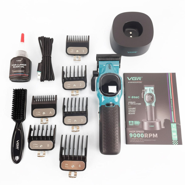 Машинка для стрижки акумуляторна 6 насадок 9000 RPM LED дисплей VGR V-889C