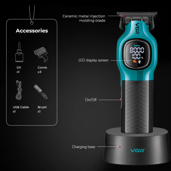 Тример акумуляторний 4 насадки LED дисплей зелений 8000 RPM VGR V-886T