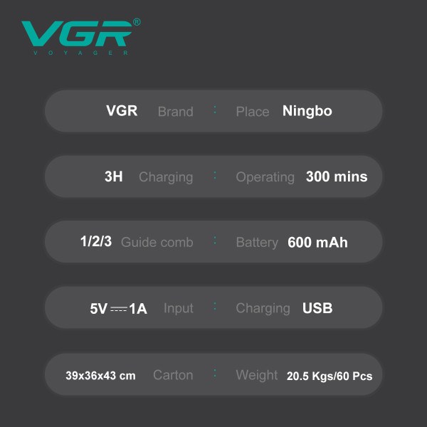 Триммер VGR V-227 GOLD, 3 насадки, LED display